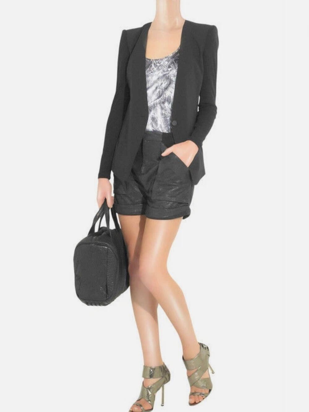 Helmut Lang Womens 0 Black Crackled Lambskin Leather Shorts Adjustable Cuff